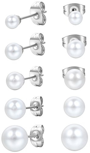 OIDEA [5 Coppie 4mm-8mm Orecchini Perla Donna Orecchini a Palla in Acciaio Inox Perle d'imitazione ipoallergenico Bianco Regalo Perfetto