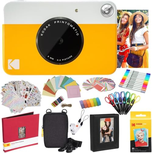 KODAK Printomatic Cámara instantánea (Amarilla) Paquete Todo Incluido con Papel fotográfico Zink (20 Hojas) y Mucho más.