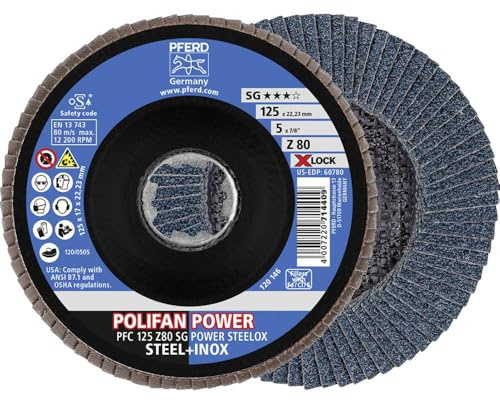 PFERD TOOLS Fächerscheibe POLIFAN POWER, 10 Stück, 125mm, Z80, X-LOCK (22,23 mm), SG STEELOX, 67788127 – für höchste Wirtschaftlichkeit durch aggressive Zerspanung
