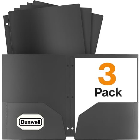 Dunwell Plastic 2-Pocket Folders for 3-Ring Binders, (3 Pack, Black) 3 Hole Punched, Divider Folder for Notebooks, Heavy Duty Poly, Fits 8.5x11 Sheets, Includes Labels