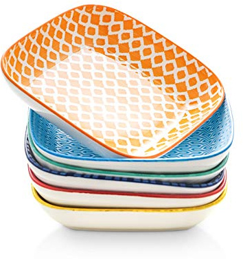 Selamica Porcelain 8-inch Square Dinner Plates, Salad Pasta Bowls, Set of 6, Assorted Colors