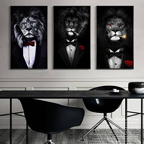 Wandbild Löwe Tiger In Einem Anzug Rose Rauchen Kunst Leinwanddruck Gemälde Gentleman Tier Wohnzimmer Wohnkultur Poster 30x45cm(12x18in)x3 Rahmenlos