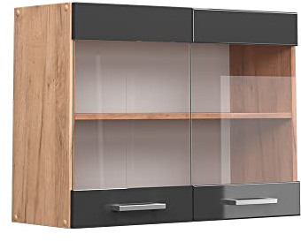 Vicco Küchenglasschrank R-Line, Anthrazit Hochglanz/Goldkraft Eiche, 80 cm