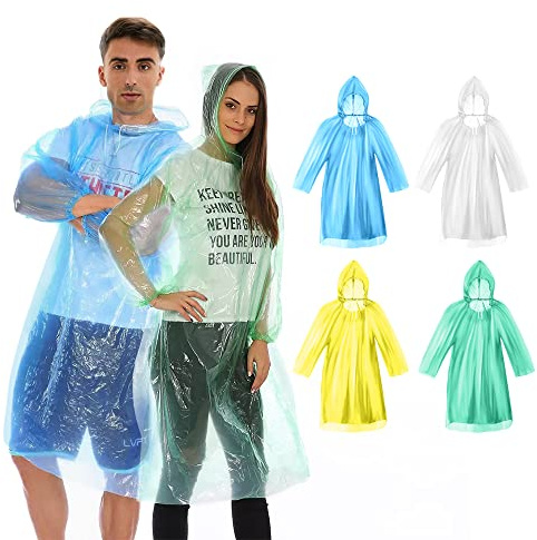 4-pack engångs regnponchos, vattentäta ponchos vuxna regnponcho nödsituation vattentät regnrock poncho med dragsko och huva, lämplig för festivaler, camping, vandring och daglig pendling, Färgad, one