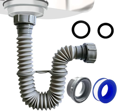 VIVIDA Sink Drain Pipe 1-1/2, Flexible Drain Pipe, 7.5-17.7 Expandable Flexible P Trap for Bathroom and Kitchen, Under Sink Plumbing, 1-1/4 Adapter Included, Gray, 1 PACK