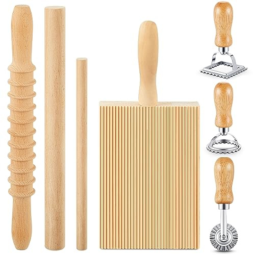 Tioncy 7 Pcs Pasta Making Tool Set Kitchen Gift for Mom, Wood Gnocchi Board with Ravioli Stamp Ravioli Maker Rolling Pin Gnocchi Garganelli Ltalian Pasta Tools for Beginners Mother's Day Home Cooks