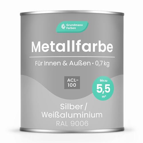 Grundmann Metallfarbe ACL 100 - Silber 0,7 Kg - Seidenmatt - 4in1 Metallschutzlack inkl. Rostschutz und Grundierung - RAL 9006 Weißaluminium