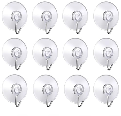 Navoys Pack of 12 40mm Suction Cup Hooks - Premium PVC Cups with Metal Hooks, Window Glass Suction Cups, Ideal for Bathrooms, Towels, Sponges, Wreaths or Kitchen Utensils