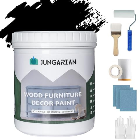 Jungarian Furniture Paint Kit 16oz with Tools - Water-based & Low Odor No Sanding No Priming- Matte Finish Indoor Outdoor Wood Paint for Cabinets, Doors, Tables and Dressers - Black