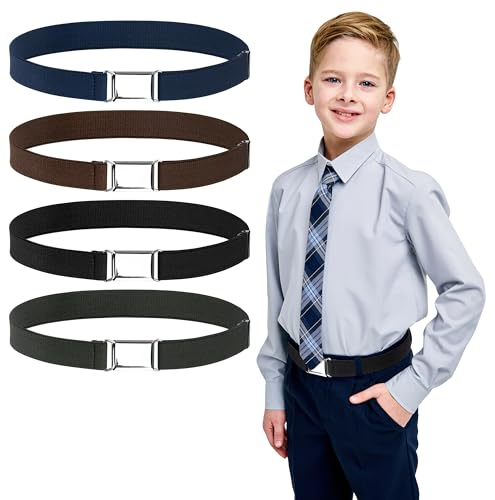 Heveer Elastischer Gürtel Kinder Gürtel für Jungen Mädchen Verstellbar Stretchgürtel für Jeans Hosen Kleid 4 Stück Schwarz Braun Dunkelblau Dunkelgrau