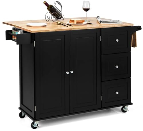 COSTWAY Kitchen Storage Trolley, Rolling Island Cabinet with Extendable Tabletop and Adjustable Shelves, Home Kitchen Dining Organiser Sideboard Cupboard Cart, 136 X 76 X 91cm (Black)