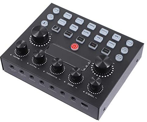 FUNOMOCYA Carte Son Externe Double Entrée Microphone, Mixeur De Musique Portable pour Smartphone Et Ordinateur, Éclairage LED Multicolore pour Diffusion en Direct Et Chant en Direct