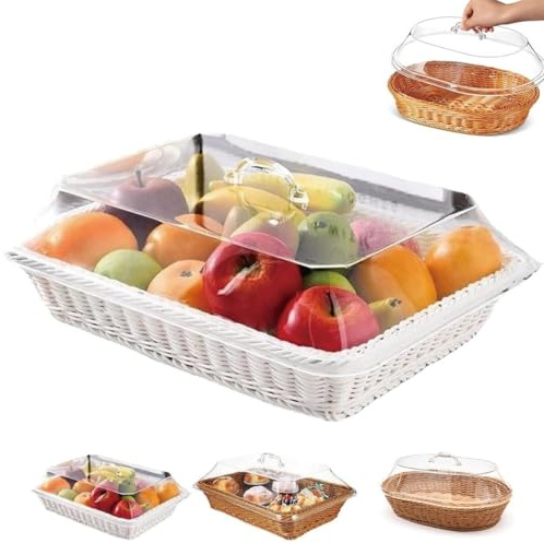Sohodoo Handwoven Rattan Produce Basket with Acrylic Cover - An Eco-Friendly Way to Store Fresh Veggies and Fruits(White,Square)