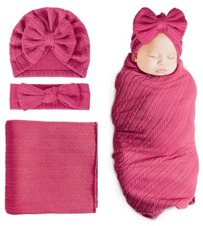 DRESHOW Coperta di Ricezione Neonato Toddler Caldo per Ragazze con Abbinato Cappello e Fascia Fiocco Regalo Doccia