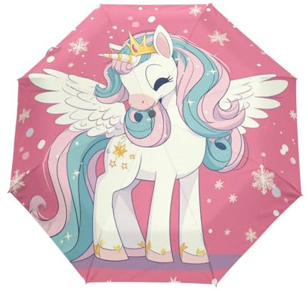 Cartoon Engel Einhorn Pferd Rosa Regenschirm Taschenschirm Kinder Jungen Mädchen UV-Schutz Auf-Zu Automatik Umbrella Verstärkt Winddichte Zusammenklappbar