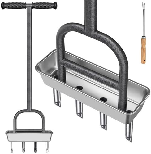 BeneLabel Rasenlüfter, 4 Zinken Garten Gras Belüftung Boden Aerifizierer Handvertikutierer Stecker Werkzeug mit Ablagefach Reinigungswerkzeug für Auflockerung Boden/Verbesserung de Rasen, 94cm/T-Griff