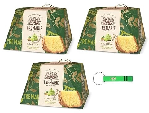 3x Tre Marie Panettone con Crema al Pistacchio in sac à poche - Dolce Natalizio Tradizionale Italiano - Torta Natalizia al Pisctacchio 950g + Portachiavi Beni Culinari in Omaggio