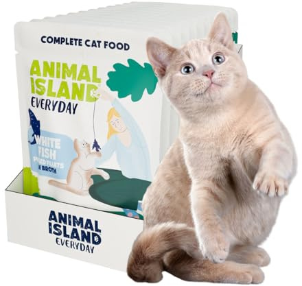 Animal Island Komplett Våtfoder för Vuxna Katter Strimlad Vitfiskfilé Torsk i Aromatisk Buljong med Kyckling och Tapiocastärkelse Portionspåsar, 12 x 85g