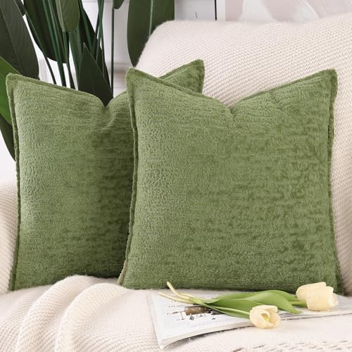 Madizz Juego de 2 Suave Chenilla Decorativo Funda de cojíns de Terciopelo con Borde Neutras Fundas de Almohada Boho para Sofá Dormitorio Salón Verde Claro Cuadrado 45 x 45 cm