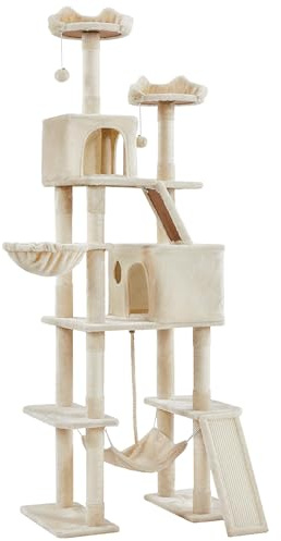 Yaheetech Katklösträd 206 cm, takhögt, XXL stort klösträd, stabilt klätterträd, klösträd för katter med sisalrep, korg, hängmatta, beige