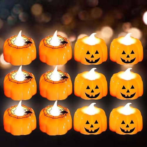 KEELYY 12 Stück Kürbis Teelichter LED Halloween Teelichter Flammenlose in Kürbisform Batteriebetriebene Pumpkin Kerzen Deko für Halloween Party Außen