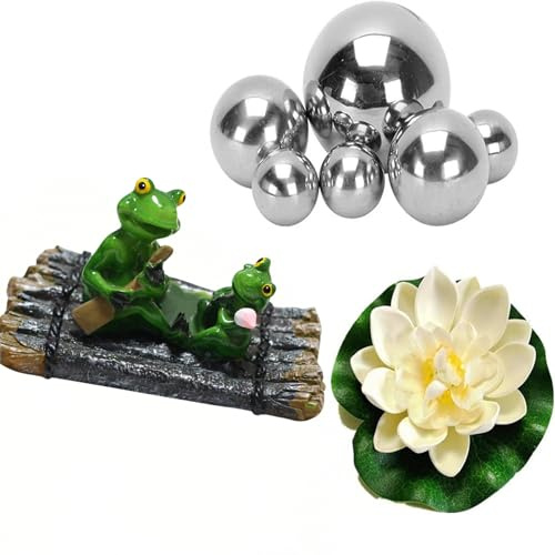 Xevinas Mini étang - Grenouille flottante - Avec 6 boules flottantes pour mini étang et nénuphars artificiels - Décoration de jardin en résine - Grenouilles - Mini étang - Pour jardin, balcon, étangs