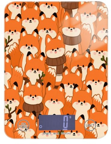 Bilancia da cucina con display LCD per cibo 5 kg/5 g, con volpe carina, arancione, piccola bilancia da cucina con 4 unità per arrostire spezie e cucinare (batterie non incluse) báscula para pesar