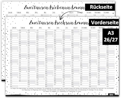 Timr väggkalender 2026 inkl. 2027 prickmotiv - DIN A3 kalender 12 månader dubbelsidig I tr397