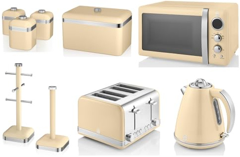 Swan Retro Cream Kitchen Set of 9-1.5L 3KW Jug Kettle, 4 Slice Toaster, 800W 20L Digital Microwave, Bread Bin, Canisters, Mug Tree & Towel Pole – Matching Retro Design Kitchen Set in Vintage Cream