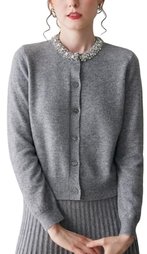 WEWE Gilet Cachemire Femme Col Orné Boutonné,Gris,42