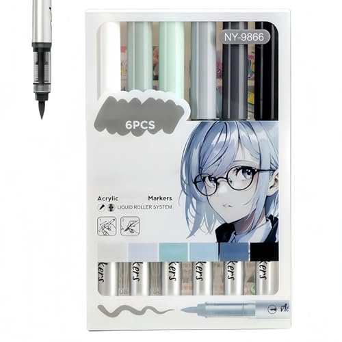 KUYTUE 6 Colours Acrylic Paint Markers Brush,Acrylic Paint Pens,Automatic Ink-control Pen for Rock Painting,Wood,Ceramic,Glass,Fabric,Water-based Brushes,Grey Tones