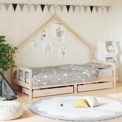 IBUQDDV Kinderbett mit Schubladen 90x200 cm aus Massivholz Kiefer Hausform Design und robusten Lattenrost