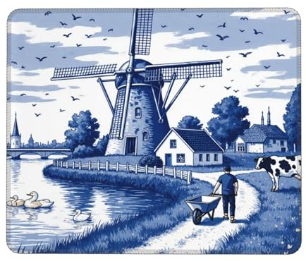 Mousepad Dunkelblaue holländische Windmühle im Vintage Mauspads Tastatur