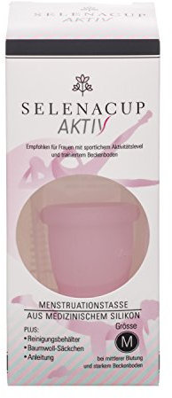 Selenacare Menstruationstasse Aktiv - waschbarer Periodencup aus medizinischem Silikon für sportliche Frauen - mit Aufbewahrungsbeutel und Sterilisationsbecher, Größe M (26ml)