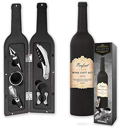 MikaMax Geschenkset für Wein Glas Schwarz Grande – All-in-One Weingeschenkset, Korkenzieher, Weinverschluss, Weinausgießer, Antitropfring, Folienabschneider – Geliefert in Geschenkbox.