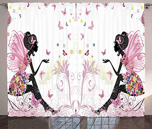 ABAKUHAUS Schmetterling Rustikaler Vorhang, Fantasie-Garten, Wohnzimmer Universalband Gardinen mit Schlaufen und Haken, 280 x 175 cm, Schwarz Rosa