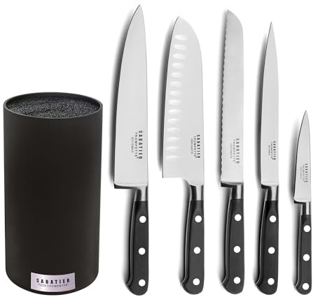 SABATIER TROMPETTE - Bloc tiges spaghetti avec 5 couteaux de cuisine : Office, Pain, Filet, Santoku et Cuisine - Origin - Acier 5Cr15MoV finition satinée manche ABS - 11 x 15.5 x 25 cm - Noir