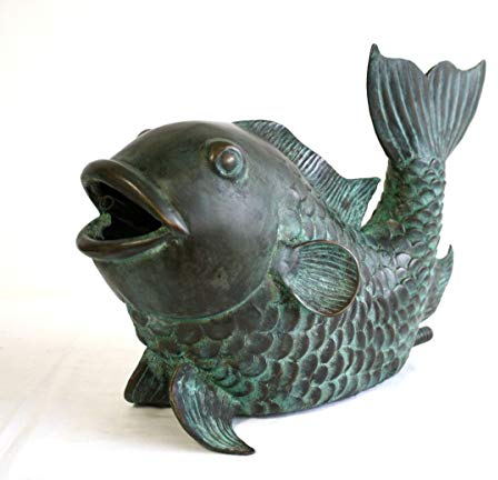 Thermobrass Bronzefigur Gartenfigur großer Fisch mit Wasserspeier Gartendekoration - dunkelgrün