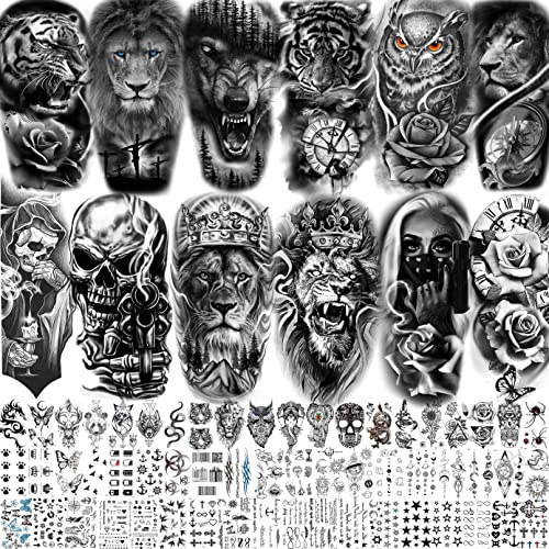 LAROI 69 Blätter Schwarz Tiere Tattoos Zum Aufkleben Herren Frauen Klebetattoos Erwachsene, Löwe Wolf Tiger Gangster Fake Aufkleber Damen Männer, Halloween Eule Schädel Klebe Temporäre Tattoos
