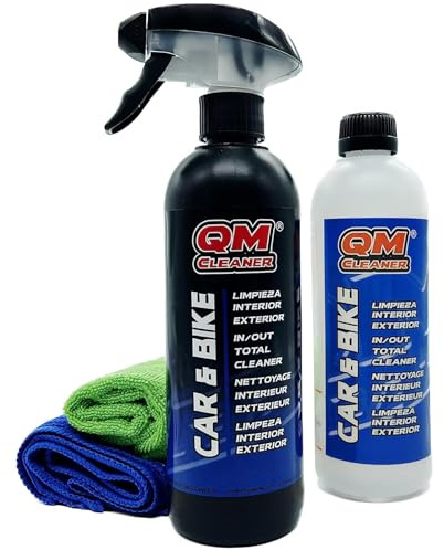 QM Cleaner - Car and Bike | APC de limpieza coche Producto multisuperficie para interior y exterior de tu vehículo - Permite hasta 8 disoluciones. Incluye dos paños de microfibra