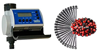 Aqua C4100 Programador de Riego para Jardín, Pantalla LCD, Hasta 8 Arranques por Día, Gris + KITG003 Pack de Goteo para Riego Gota 25 Goteros Regulables de 0 a 70 l/Hora con Estaca, Negro