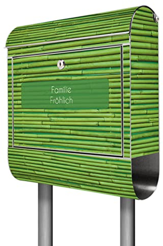 banjado® Briefkasten mit Standfuß personalisiert Motiv Bambus Grün - Stand Briefkasten Edelstahl mit Zeitungsfach - Postbox/Postkasten A4 Einwurf inkl. Montagematerial & 2 Schlüssel