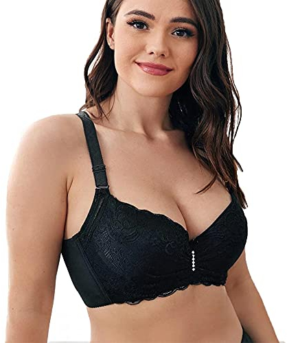 Women's Underwire Padded Plunge Push Up Bra Sexy Flora Lace Full Cup Bra 42-B Black