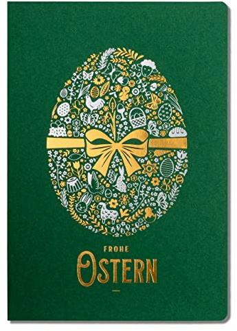 Art Nuvo EXKLUSIVE OSTERKARTEN – SATZ VON 10 MANUFAKTURKARTEN IN GRÜN 120x170mm, VERGOLDETE UND GEPRÄGTE OSTERMOTIVE HERGESTELLT AUS MATTEM SCHMUCKPAPIER, MIT BEIGEN EINLAGEN UND UMSCHLÄGEN, EE-0103B