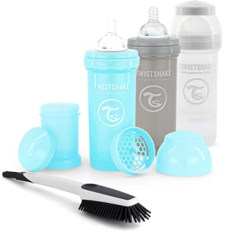 Twistshake Anti-Colic-Babyflaschen-Set mit Milchpulverbehälter und Mixer – 3er-Set | Enthält 1 Reinigungsbürste | Silikonsauger mit schnellem Durchfluss | San BPA | 2 Monate+ | Grau Blau