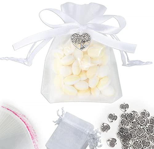 50 Pendentifs Arbre de Vie Colliers et 50 Sachet Organza 50 Petite Pochette Plastique et Ruban Blanc Arbre de Vie Métal Bijoux Bracelet Sac Faveur Décoration pour Communion Baptême Mariage
