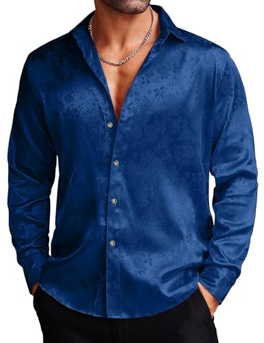 COOFANDY Men's Silk Satin Dress Shirts Jacquard Long Sleeve Floral Button Up Shirts Party Prom Wedding Shirt Blue M