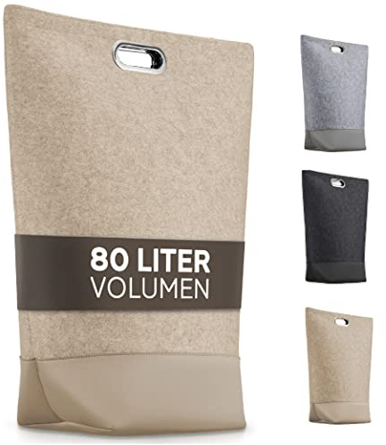 TULENO® Cesto para la colada XL de tela de fieltro, bolsa para la colada con asas con cierre, cesta grande plegable como bolsa de ropa y colector para ropa sucia, color beige