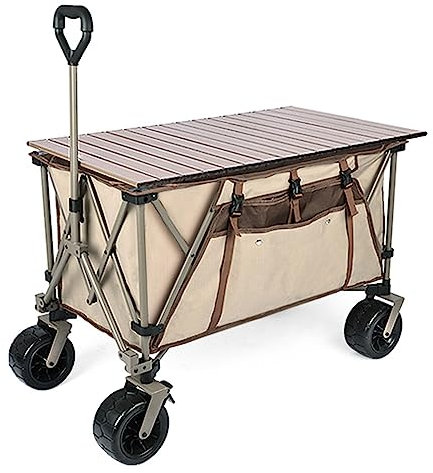 WRJAHCG Bollerwagen Faltbar,Dunkelgrau Faltbar Garten Handwagen Breite Reifen Mit Bremse Transportwagen Mit Seitentasche Verstellbarem Griff Kapazität 240L,Bis 100Kg Tragkraft,Khaki,Brake+Table Board