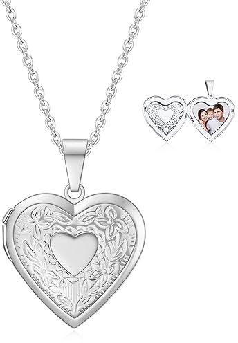 NEHZUS Medaillon-Halskette für Damen und Mädchen, Platin, 18 Karat Gold, Foto-Medaillons, die Bild halten, Kette 50 cm, personalisiertes Geschenk, individuelle Liebe Herz Bild Halsketten